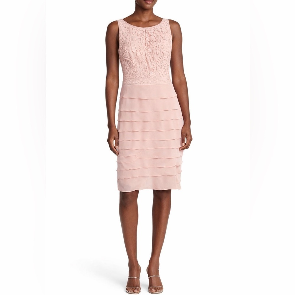 Adrianna Papell Light Pink Blush Ruffle Chiffon Ruffle Lace Dress 8 - Picture 6 of 10